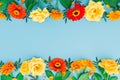 Floral pattern with yellow and red flowers with leaves on blue background. Flat lay, top view. Floral background Royalty Free Stock Photo