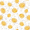 Floral pattern with yellow roses, golden leaves and black dots. Vector seamless pattern with oil or acrylic painting rose Royalty Free Stock Photo