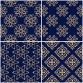 Floral patterns. Set of golden blue seamless backgrounds Royalty Free Stock Photo