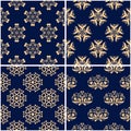 Floral patterns. Set of golden blue seamless backgrounds Royalty Free Stock Photo