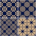 Floral patterns. Set of golden blue seamless backgrounds Royalty Free Stock Photo