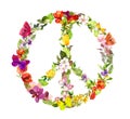 Floral peace sign with flowers, butterflies. Watercolor Royalty Free Stock Photo