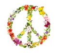 Floral peace sign with flowers. Watercolor Royalty Free Stock Photo