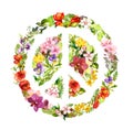 Floral peace sign with flowers. Watercolor