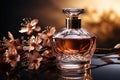 Floral perfume bottle, modern luxury lady perfume on dark background. AI generated