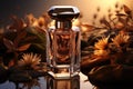 Floral perfume bottle, modern luxury lady perfume on dark background. AI generated