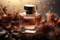 Floral perfume bottle, modern luxury lady perfume on dark background. AI generated