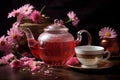 Floral Pink chamomile tea cup banner. Generate Ai Royalty Free Stock Photo