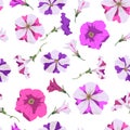 Floral pink and striped petunia background. Seamless pattern
