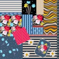 Floral, polka dot and striped patchwork pattern. Vector illustration. Summer design