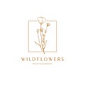 Floral poppy label for package. Wildflower linear logo sketch. Floral frame emblem for wedding, photographer brand