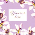 Floral postcard - white orchid flower and text space. Hand painted aquarell drawing