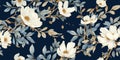 Floral print. Vector vintage illustration of blue flowers, leaves, frame, pattern for background, Royalty Free Stock Photo