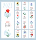 Floral printable calendar 2023. Flower snowdrops, lily of the valley, poppy, sunflower, irises, crocuses and mallows. Vector