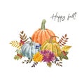 Floral pumpkin arrangement illustration. Watercolor pumpkins and auatumn flowers and leaves, isolated on white background. Fall Royalty Free Stock Photo