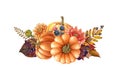 Floral pumpkin autumn arrangement. Watercolor illustration. Hand drawn rustic festive decor with pumpkins, flower