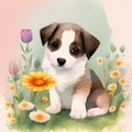 Floral Pup - Adorable Watercolor Art of a Puppy Amongst Flowers