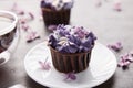 Floral purple cupcake close up using trend Dreamy Escapism. Desserts, coffee and lilac flowers background. Aesthetics