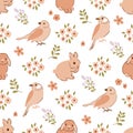 Floral rabbit bunny birds pattern. Beige spring floral repeat background. Farm animal, sparrow vector illustration Royalty Free Stock Photo