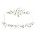 Floral rectangular watercolor and golden border frame with eucalyptus branches and leaves, decorated with small rose hip flowers