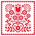 Floral retro folk art vector design in square frame from Nowy Sacz in Poland inspired by traditional highlanders embroidery Lachy