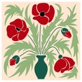 Floral retro poster with red poppies. Trendy handdrawn flowers infantile style.Seventies, groovy background