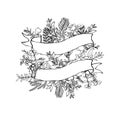 Floral ribbon banner. Hand drawn vector Vintage floral banners. Sketch ink illustration. Banner with leaves, flowers and birds.