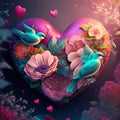 Floral romantic heart, birds and flowers. Valentines love illustration on dark background Royalty Free Stock Photo