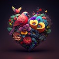 Floral romantic heart, birds and flowers. Valentines love illustration on dark background Royalty Free Stock Photo