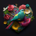 Floral romantic heart, birds and flowers. Valentines love illustration on dark background Royalty Free Stock Photo