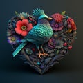 Floral romantic heart, birds and flowers. Valentines love illustration on dark background Royalty Free Stock Photo