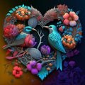 Floral romantic heart, birds and flowers. Valentines love illustration on dark background Royalty Free Stock Photo