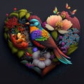 Floral romantic heart, birds and flowers. Valentines love illustration on dark background Royalty Free Stock Photo