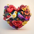 Floral romantic heart, birds and flowers. Valentines love illustration on light background Royalty Free Stock Photo