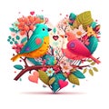 Floral romantic heart, birds and flowers. Valentines love illustration on white background Royalty Free Stock Photo