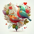 Floral romantic heart, birds and flowers. Valentines love illustration on white background Royalty Free Stock Photo