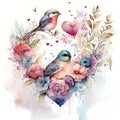 Floral romantic heart, birds and flowers in watercolor style. Valentines love illustration on light background Royalty Free Stock Photo