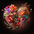 Floral romantic heart and flowers. Valentines love illustration on dark background