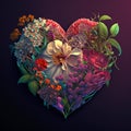 Floral romantic heart and flowers. Vintage love illustration on dark background Royalty Free Stock Photo