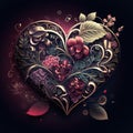 Floral romantic heart and flowers. Vintage love illustration on dark background Royalty Free Stock Photo