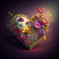 Floral romantic heart and flowers. Vintage love illustration on dark background Royalty Free Stock Photo