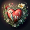 Floral romantic heart and flowers. Vintage love illustration on dark background Royalty Free Stock Photo