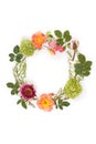 Floral round crown wreath with flowers and leaves. Flat lay Royalty Free Stock Photo