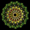 Floral round embroidery vector mandala. Tapestry ethnic style zigzag ornament. Embroidered flower pattern. Grunge vintage