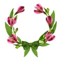 Floral round frame with alstroemeria flowers and green bow from Royalty Free Stock Photo