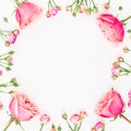 Floral round frame made of pink roses isolated on white background. Flat lay, top view. Valentines day background.