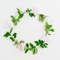 Floral round frame of pastel pink roses and green leaves on white background. Flat lay, top view. Spring time composition Royalty Free Stock Photo