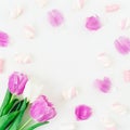 Floral round frame with pink tulips with petals and marshmallow on white background. Flat lay, Top view. Royalty Free Stock Photo