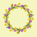 Floral round frame from spring flowers. Yellow and pink flowers of tulips, daffodils and mimosa on a beige background Royalty Free Stock Photo