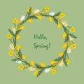 Floral round frame from spring flowers. Yellow and white flowers of tulips, daffodils and mimosa on a green background Royalty Free Stock Photo